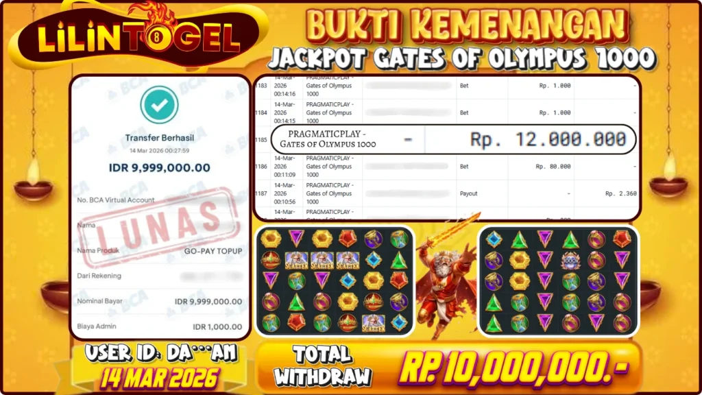 BUKTI WITHDRAW LILINTOGEL KEMENANGAN JACKPOT DI GATES OF OLYMPUS 1000 14 MARET 2026
